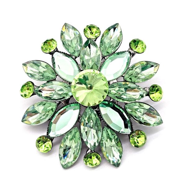 Atomic Flower Brooch Vintage Green Jeweled Elegant Floral Estate Jewelry Pin - Picture 1 of 8